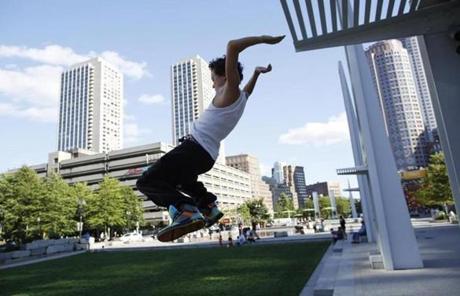 Nathaniel Marshall, 13, of Epping, N.H., practiced parkour with his friends. 
